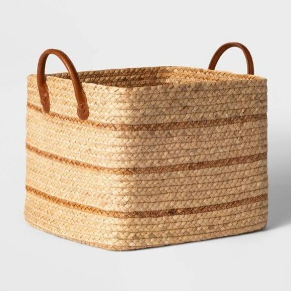 Threshold Large Braided Water Hyacinth Basket with Faux Leather Handles - Picture 1 of 5